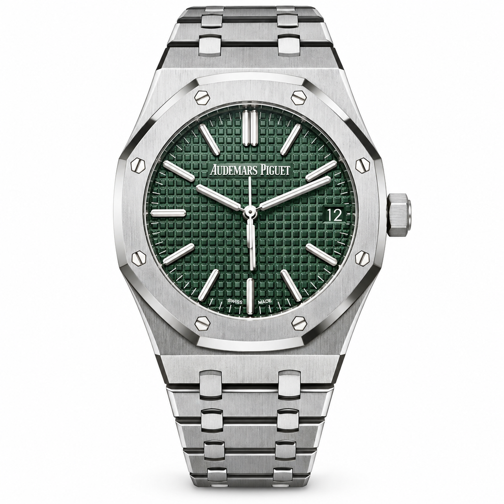 Audemars Piguet Royal Oak Selfwinding 41mm Stainless Steel Forest Green Petite Tapisserie Dial White Gold Indexes Luminescent Hands Date Integrated Bracelet New Generation