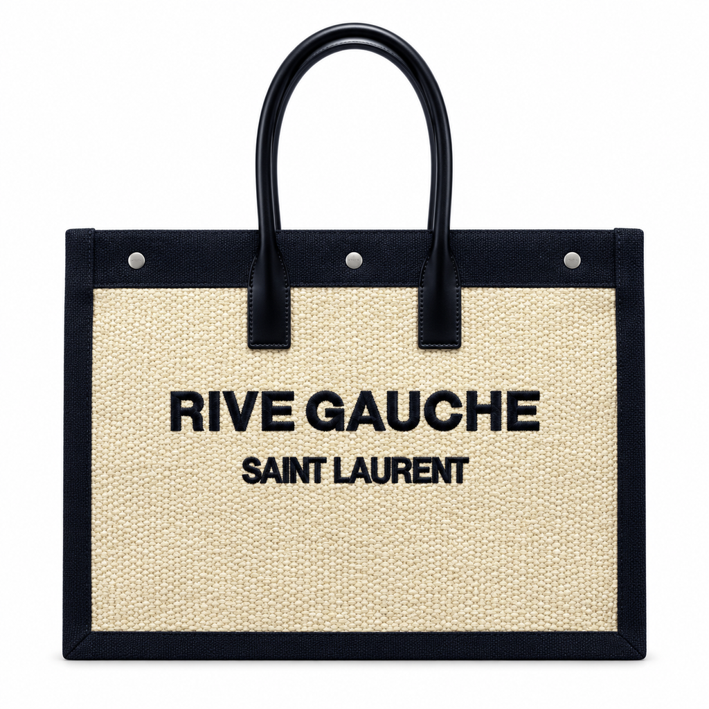 Saint Laurent Rive Gauche Large Tote Bag in Natural Canvas and Black Leather