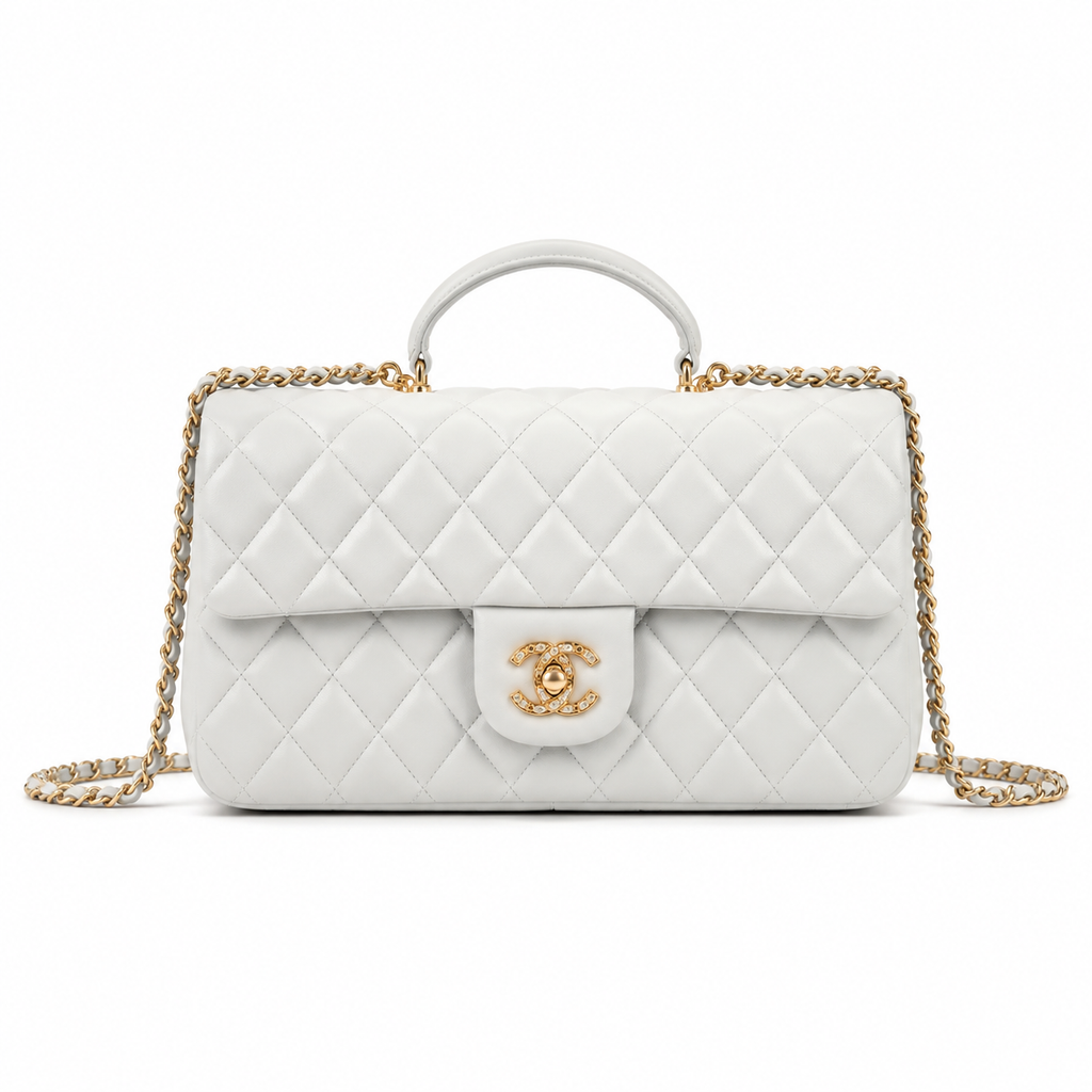Chanel White Large Diamond-Quilted Lambskin Flap Bag | Crystal CC Turn-Lock & Tonal White Chain