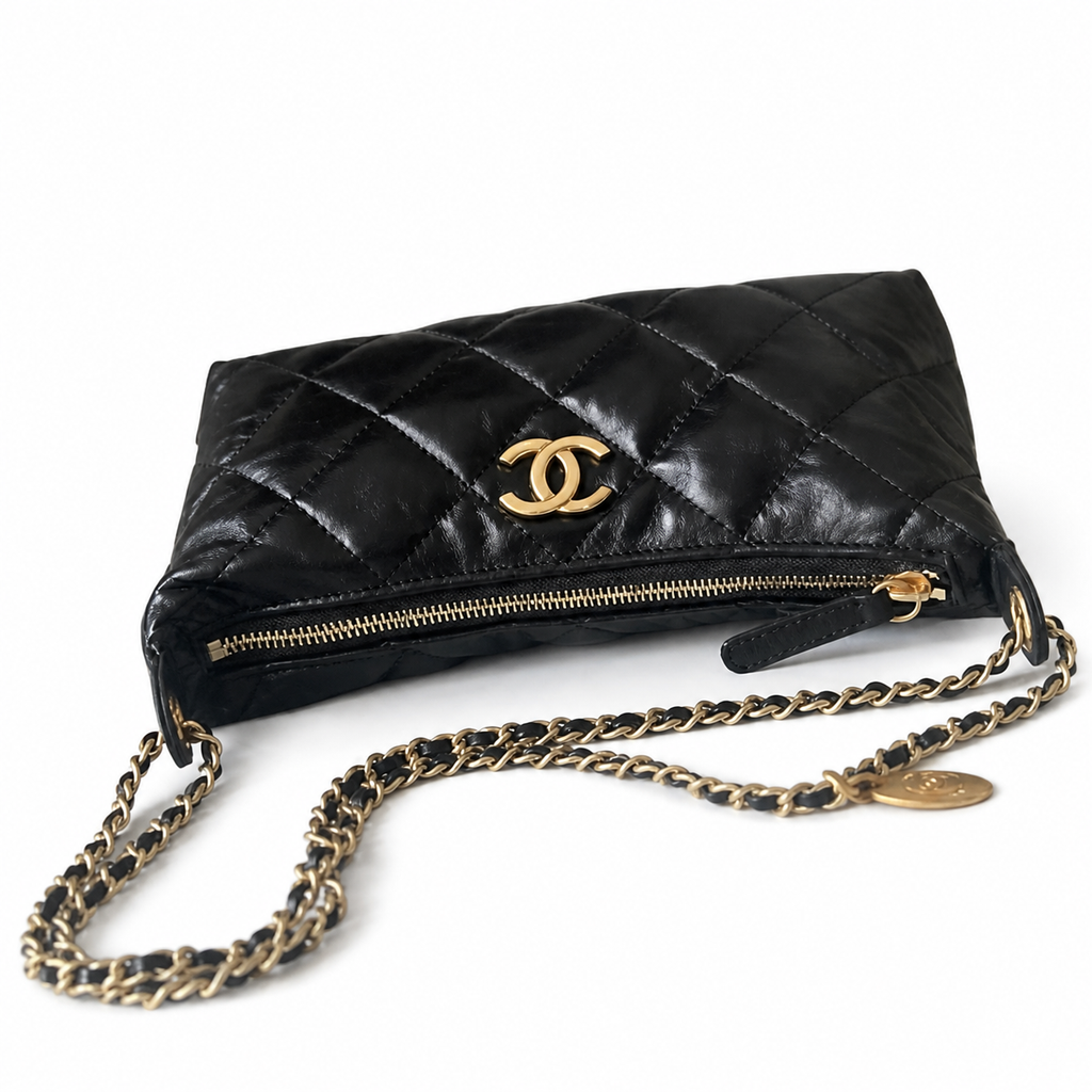 Chanel 22 Soft Pouch Black Aged Shiny Lambskin | Oversized Diamond Quilt & Gold Coin Tag — 26cm