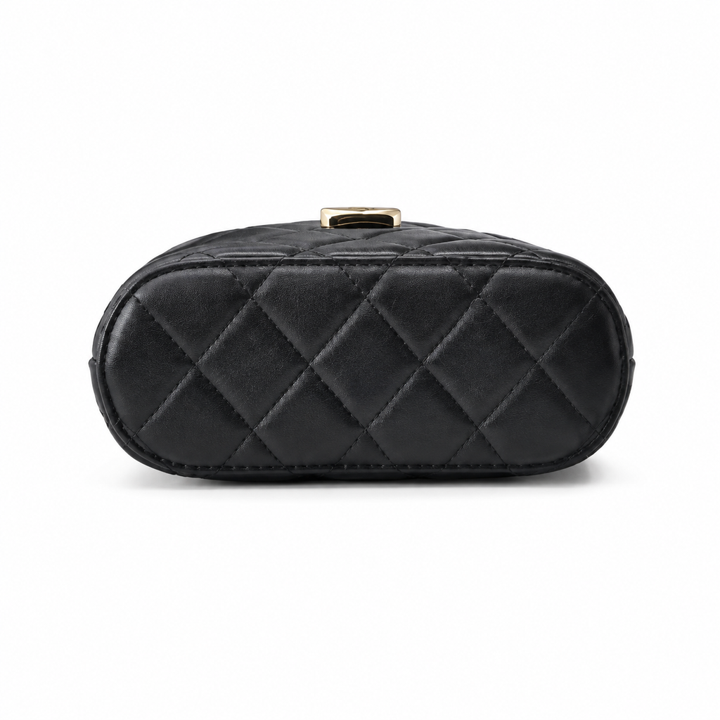 Chanel Black Quilted Lambskin Mini Bucket Bag | D-Ring Top Handle, Bare Gold Chain & Oval Quilted Base
