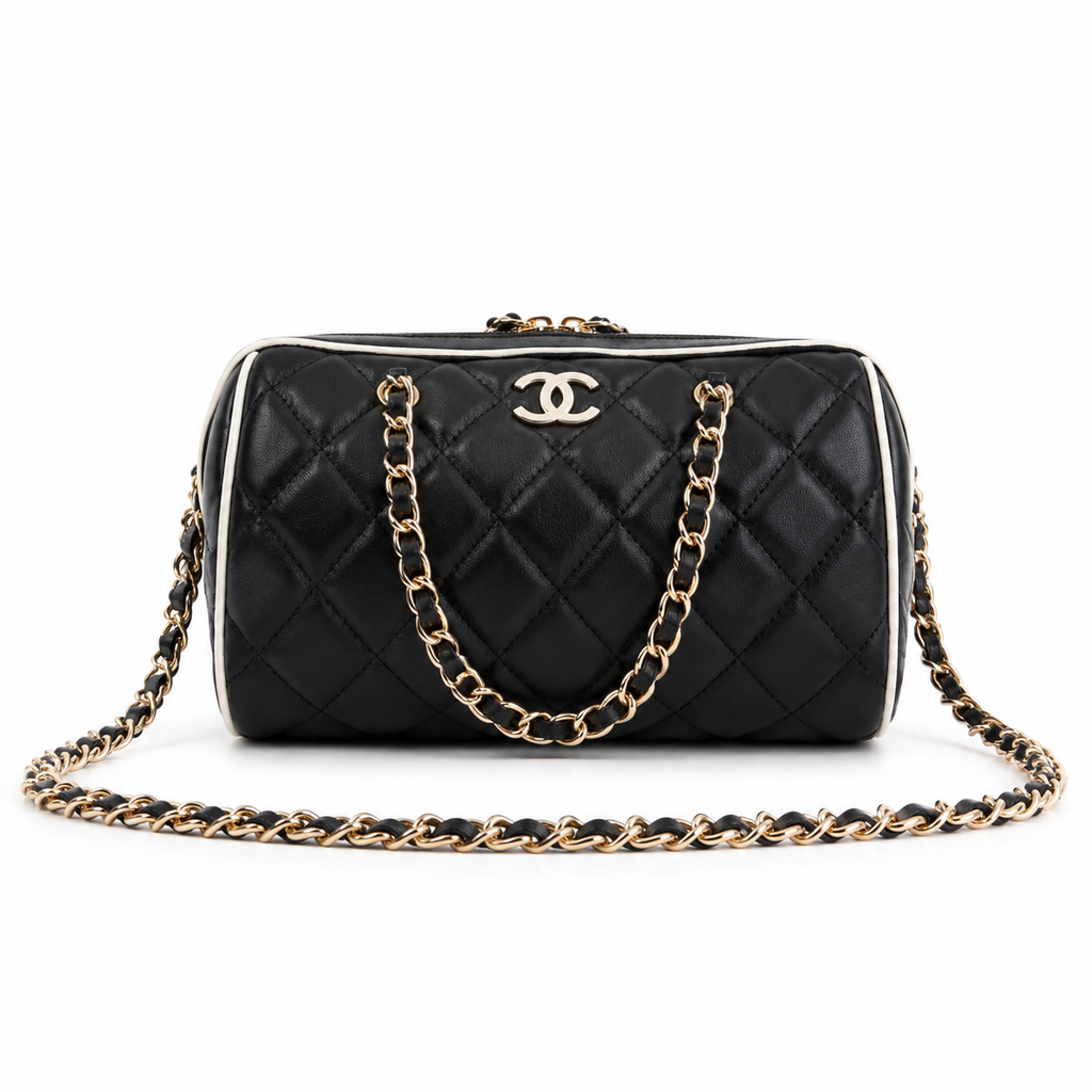Chanel Quilted Barrel Bag | CC Logo Gold Chain Black White — 11.5x18.5cm