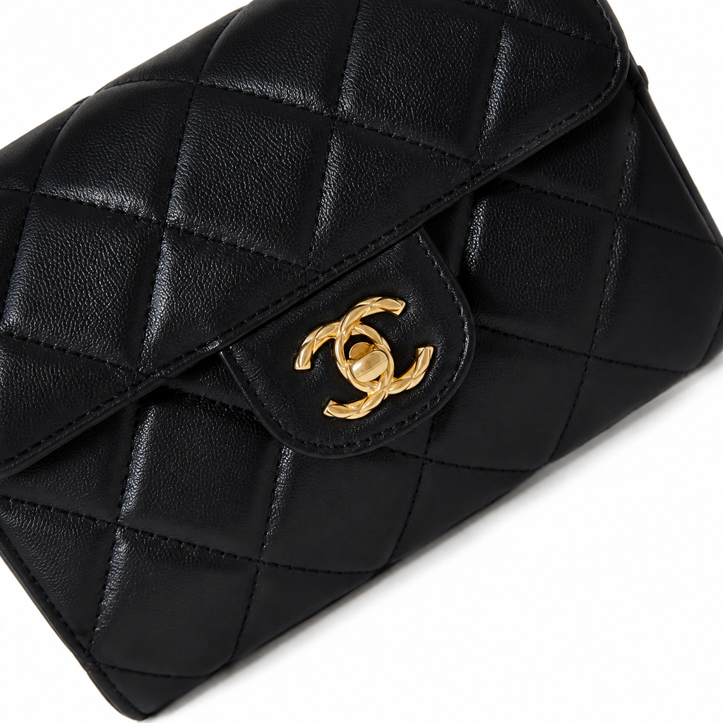 Chanel Caviar Top Handle Mini Flap Bag | CC Turn-Lock Gold Chain Black — 13x18cm