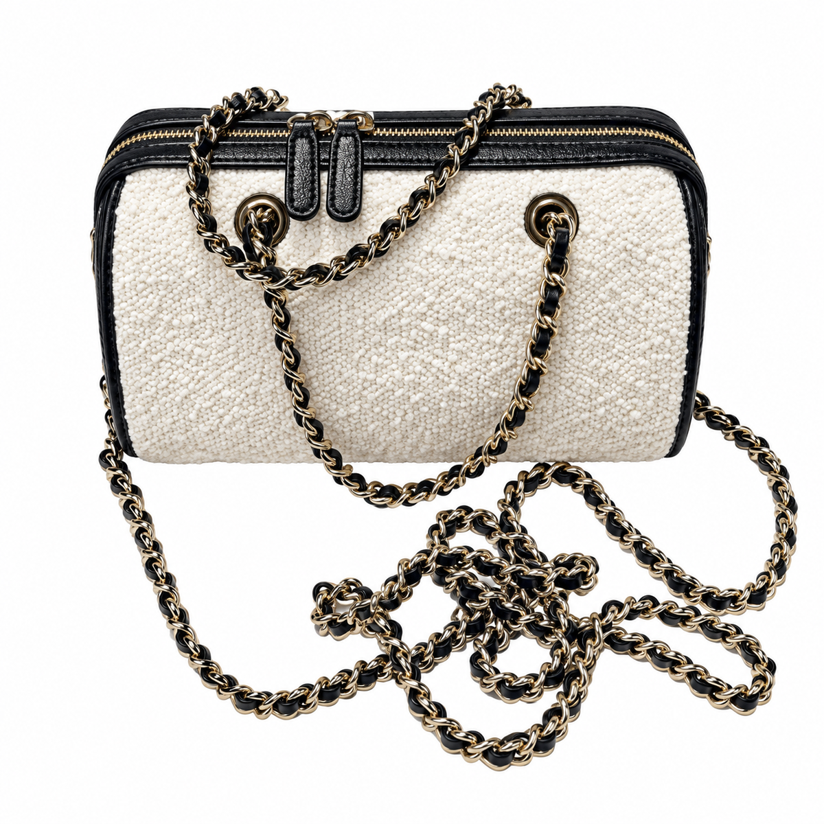 Chanel Tweed Camera Bag White Black Silver CC 18.5cm
