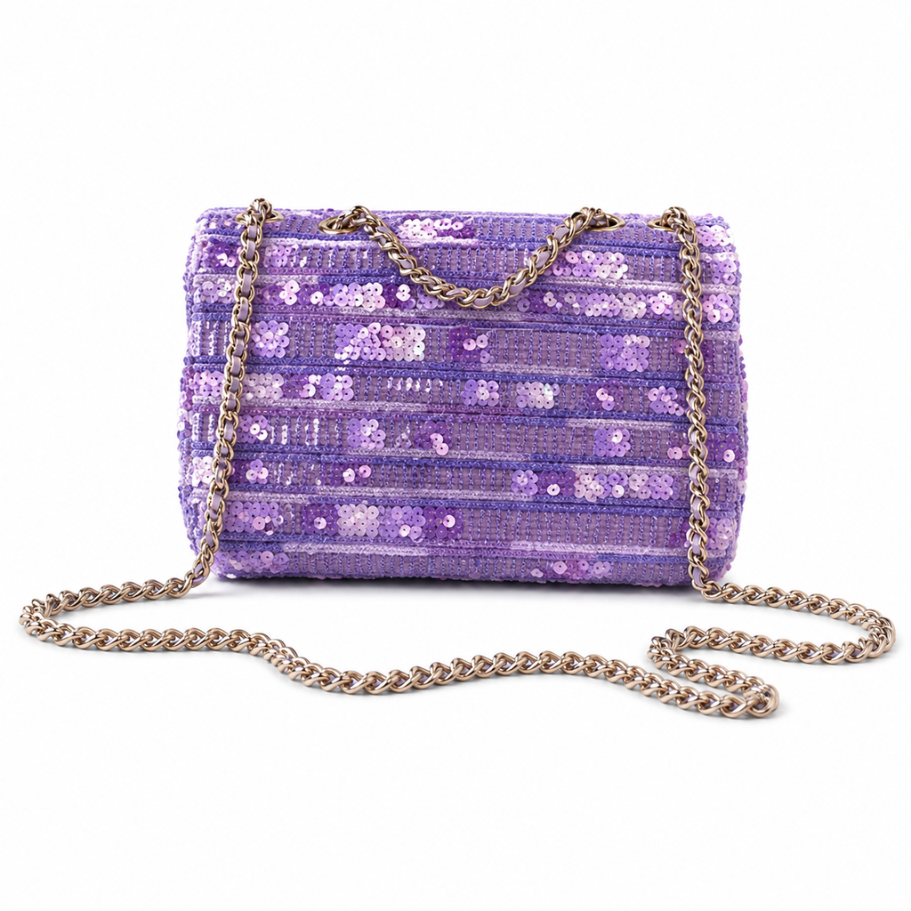 Chanel Lavender Sequin Classic Double Flap | Horizontal Shimmer & Pink Accents — 21cm