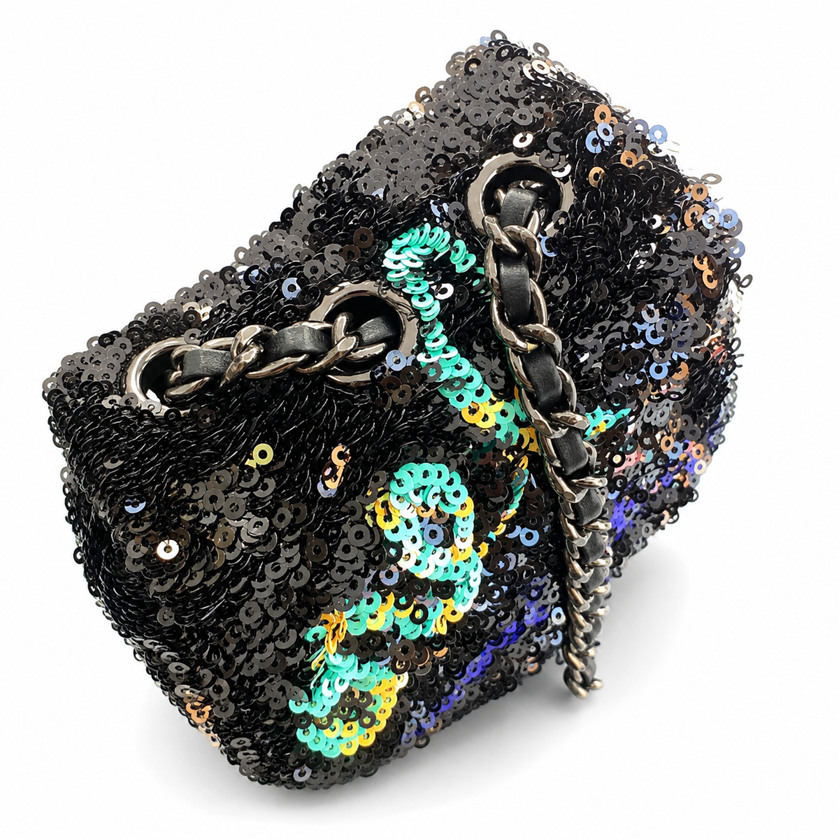 Chanel Sequin Graffiti Flap Bag | CC Logo Silver Chain Black — 14x21cm