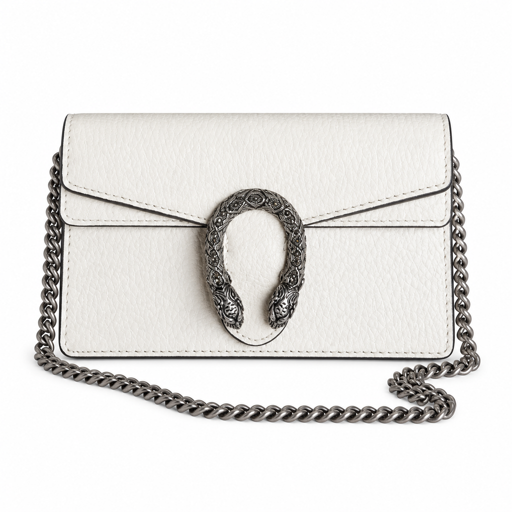 Gucci Dionysus Mini Bag in White Pebbled Leather with Crystal Tiger-Head Closure