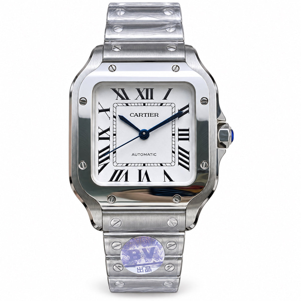 Cartier Santos de Cartier Large Stainless Steel White Dial Blued Steel Hands Automatic Integrated Bracelet Watch