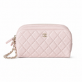 Chanel CC Quilted Cosmetic Pouch | Blush Pink & Silver Chain — 18cm