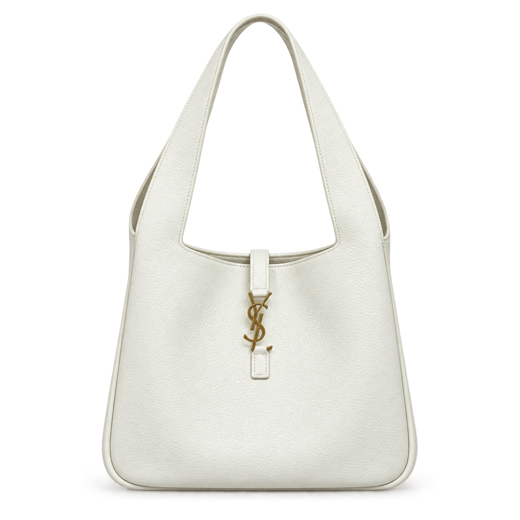 Saint Laurent Le 5 à 7 Hobo shoulder bag in white smooth leather with antique gold YSL monogram charm