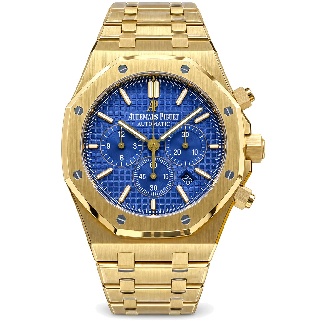 Audemars Piguet Royal Oak Chronograph 18k Yellow Gold Blue Petite Tapisserie Dial Gold Bracelet