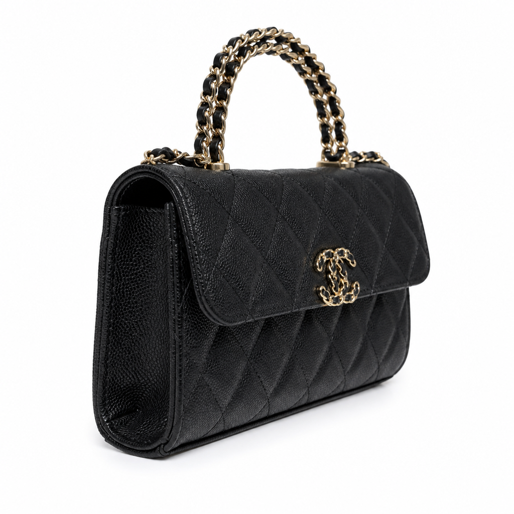 Chanel Black Caviar Quilted Mini Top Handle Flap Bag | Gold Chain-Texture CC Turn-Lock, Ball Connectors & Quilted Interior Pocket