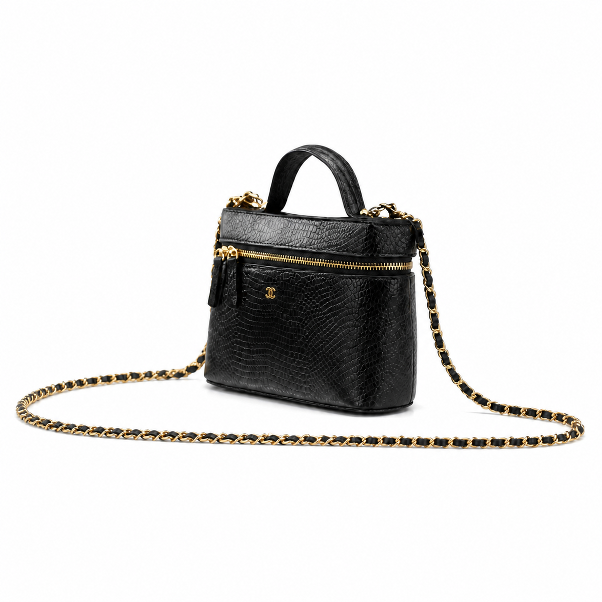 Chanel Black Iridescent Lizard-Embossed Vanity Case | Double Gold Chain — 18cm