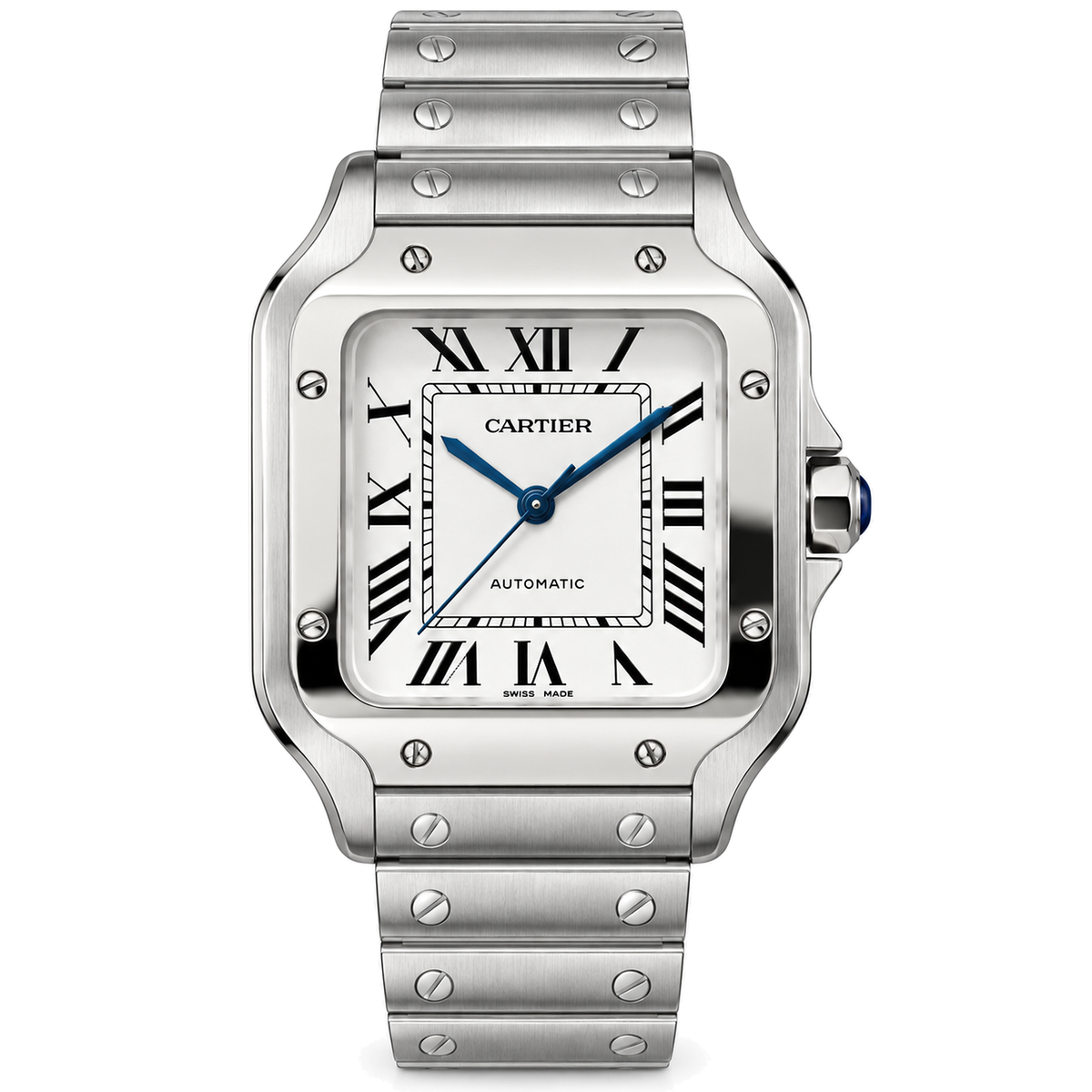 Cartier Santos de Cartier Stainless Steel White Dial Blued Steel Hands Automatic Integrated Bracelet Watch