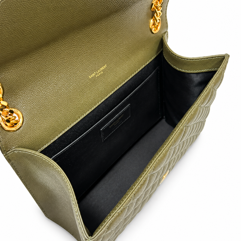 YSL College Quilted Caviar Leather Shoulder Bag Olive