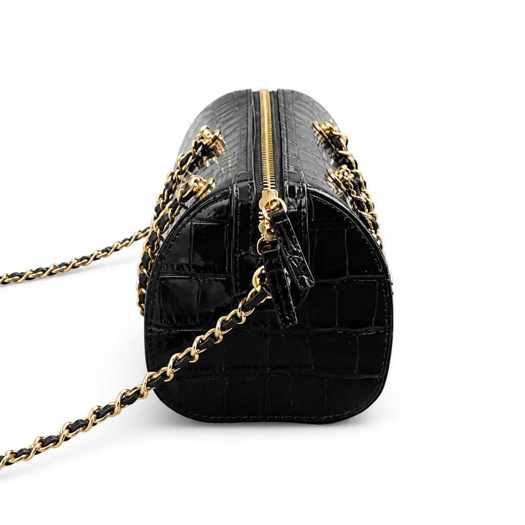 Chanel Black Croc-Embossed Mini Bowling Bag | Dual Gold Zippers — 19cm