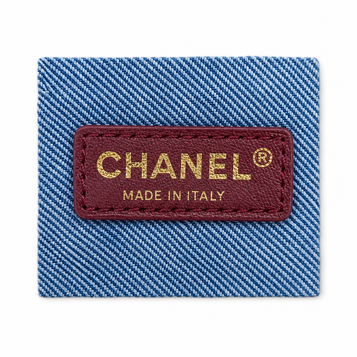 Chanel Classic Double Flap Bag Light Blue Quilted Denim | Gold Chain & Burgundy Zip Accents — 32cm