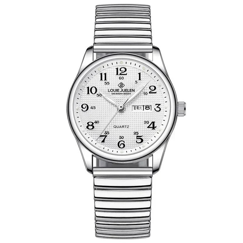 Louie Juelen — Stainless Steel, White Dial, Day-Date & Stretch Bracelet
