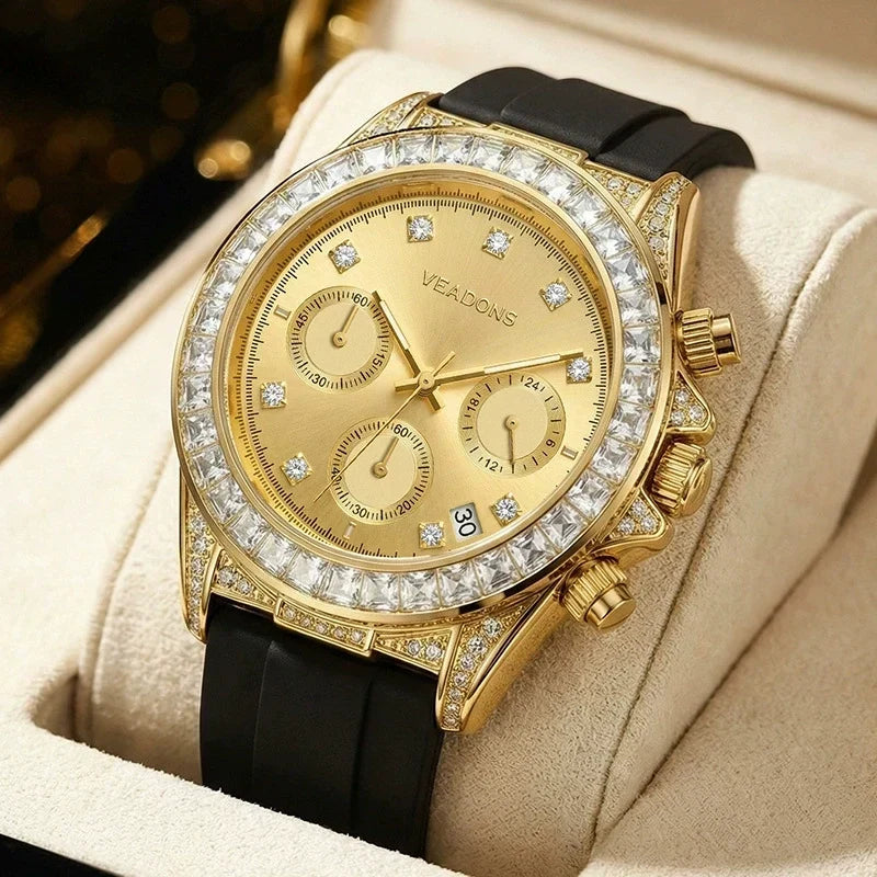 Veadons Chronograph — Gold-Tone, Full Crystal Bezel, Black Dial & Black Rubber Strap, Men