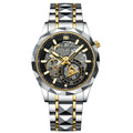 VAVA VOOM Skeleton Automatic Watch Faceted Black Ceramic Bezel Gold Inner Ring Two-Tone Pyramid Link Bracelet Men